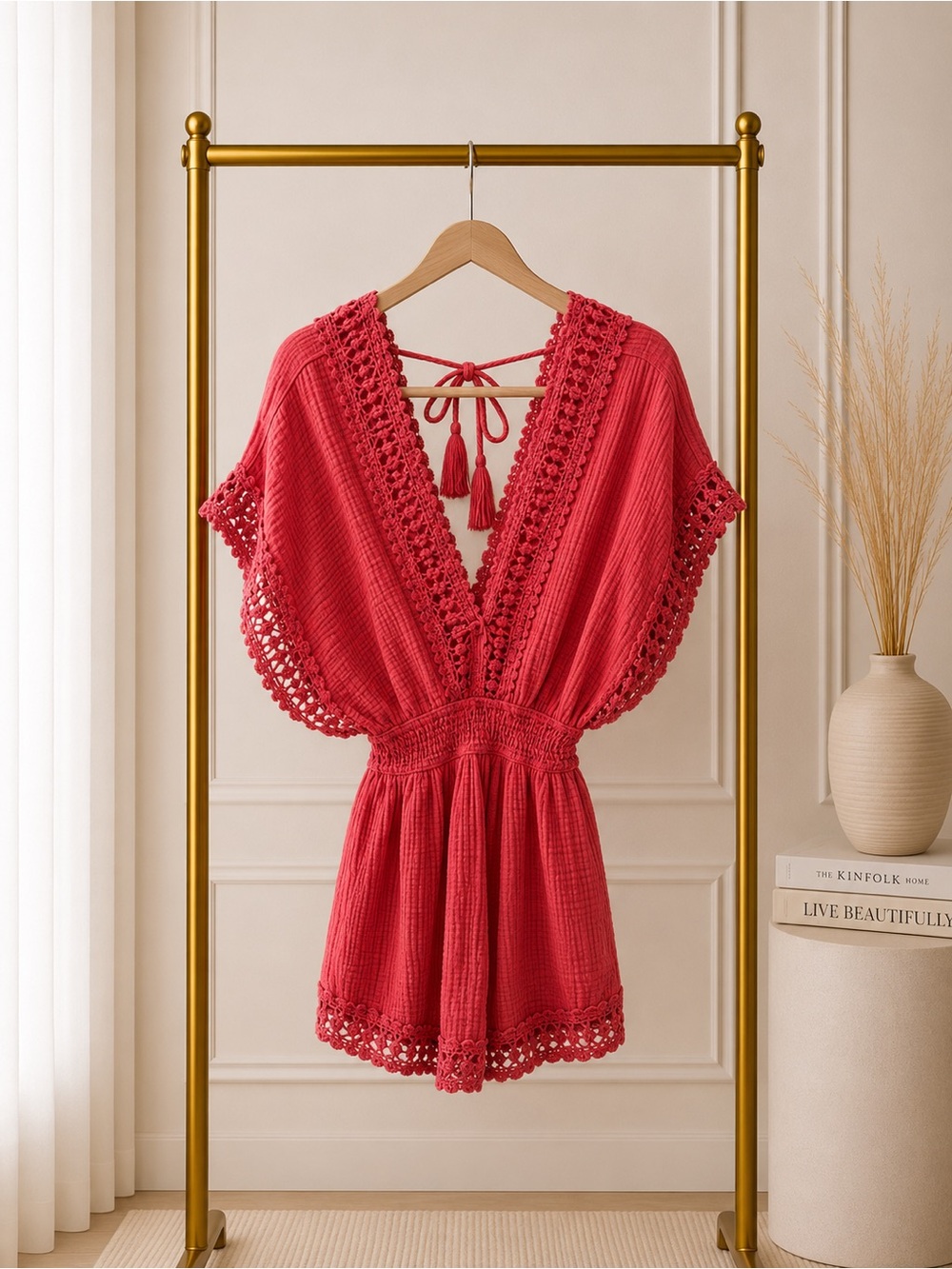 🔴 Surf Gypsy Red Crochet-Trim dress